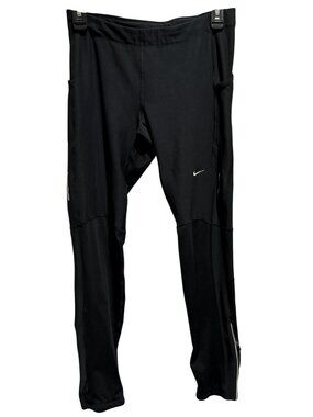 Nike Dri-Fit Black Running Track Pants Womens Sz L Inside Drawstring Leg Zipper